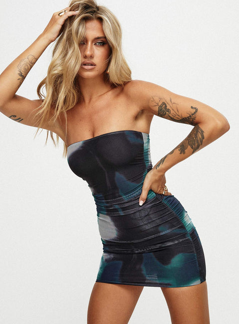 front view of model wearing Princess Polly Micah Mini Dress Navy Multi Petite Straight Neck 