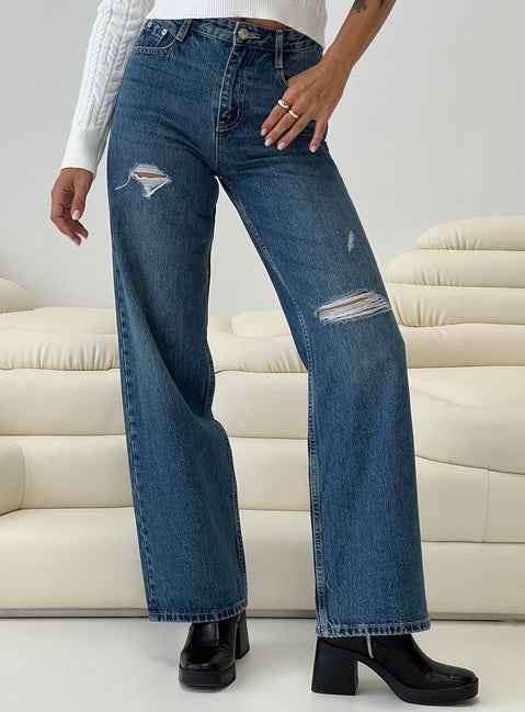 front view of model wearing Princess Polly Beetle High Rise Wide Leg Ripped Jeans Mid Wash Mid Rise Jeans Jeans 