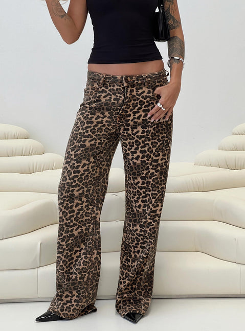 back view of model wearing Princess Polly Top Model Low Rise Straight Leg Jeans Leopard High Rise Jeans Jeans 