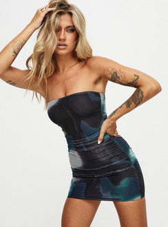 front view of model wearing Princess Polly Micah Mini Dress Navy Multi Straight Neck 