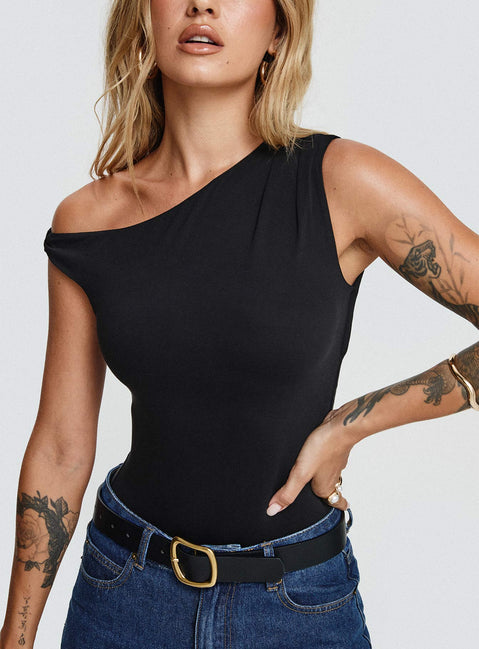 front view of model wearing Princess Polly Miyako Bodysuit Black Sleeveless Bodysuit 