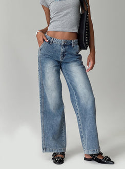 front view of model wearing Princess Polly Skipper Low Rise Wide Leg Jeans Vintage Blue Low Rise Jeans Jeans 