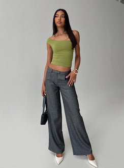 front view of model wearing Princess Polly Broadcast Pants Grey Pinstripe Low Rise Pants Pants 