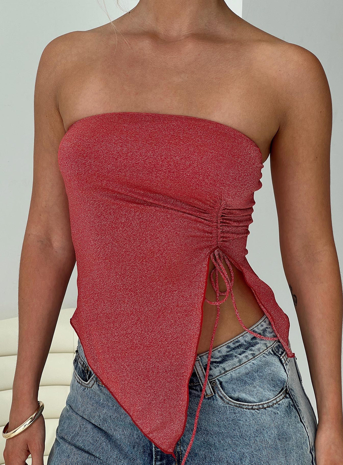 product Princess Polly Sleeveless Asymmetric Neckline  Dessy Strapless Top Red Glitter