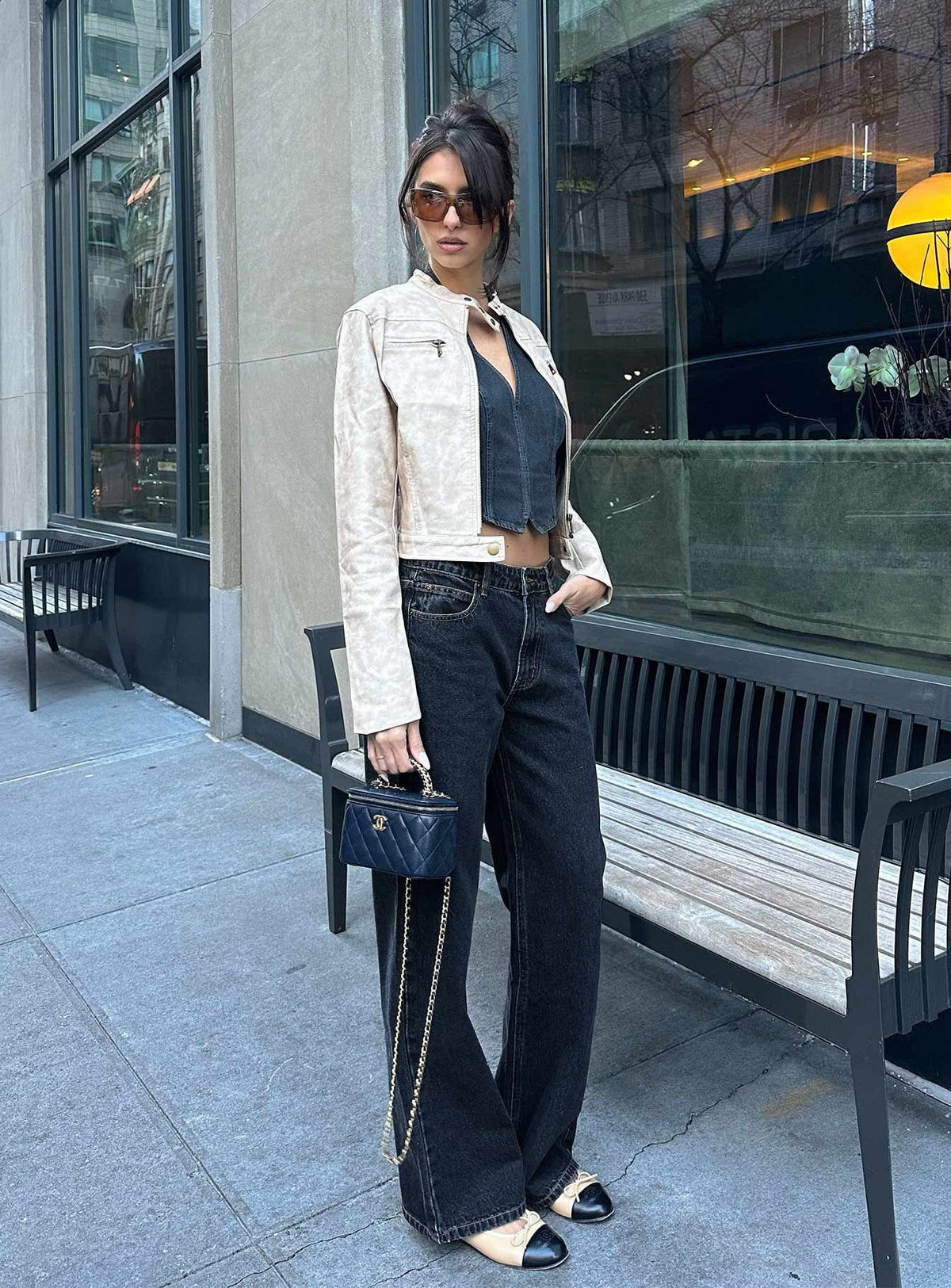 side view of model wearing Princess Polly Top Model Low Rise Straight Leg Jeans Charcoal High Rise Jeans Jeans 