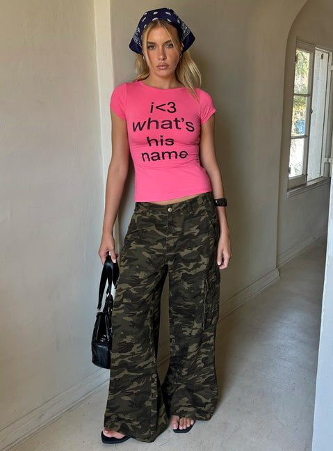 Showcasing Hudsen Cargo Pants Camo in womens regular pants with mid-rise waist and camo print front view of model wearing Princess Polly
