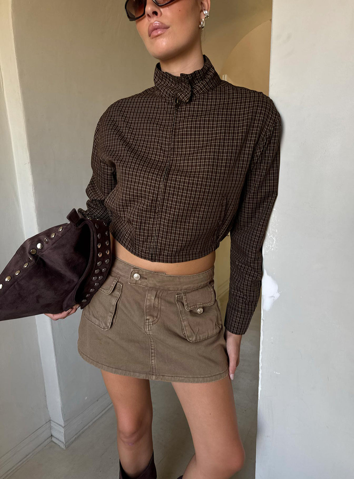 Discover the Tarza Cargo Mini Skirt in Khaki womens-skirts mini front view of model wearing