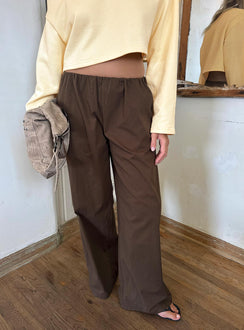 Showcasing Lunea Concealed Waistband Pants Brown Petite womens-regular-pants with high-rise front view of model wearing Princess Polly