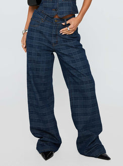 back view of model wearing Princess Polly Top Model Low Rise Straight Leg Jeans Indigo Plaid Mid Rise Jeans Jeans 