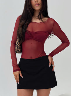 front view of model wearing Princess Polly Duet Bodysuit Burgundy Long Sleeve Tops Bodysuit 