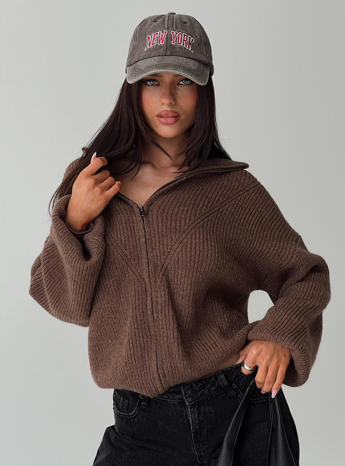 side view of model wearing Princess Polly Hertford Zip Through Knit Sweater Brown Jumpers 