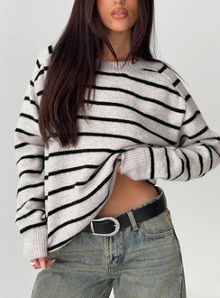 front view of model wearing Princess Polly Souvenirs Knit Sweater Grey Stripe Jumpers 