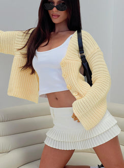 front view of model wearing Princess Polly Artha Cardigan Lemon Cropped Jumpers Jumpers 