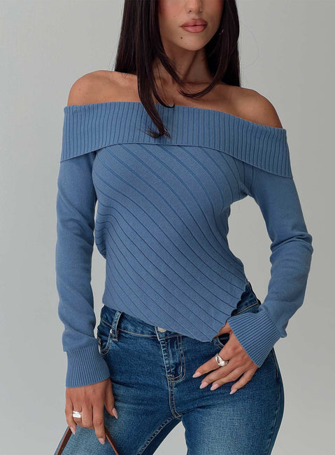 front view of model wearing Princess Polly Brisa Long Sleeve Top Blue Full Sleeves straight 