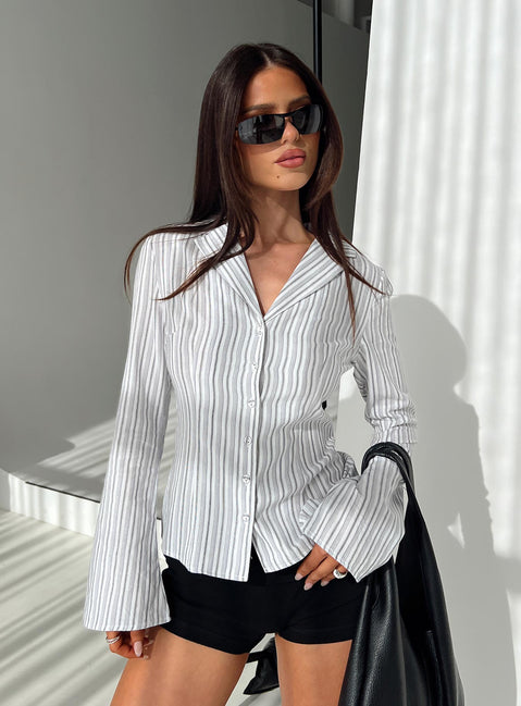 front view of model wearing Princess Polly Myers Stripe Top White Full Sleeves V-Neck 