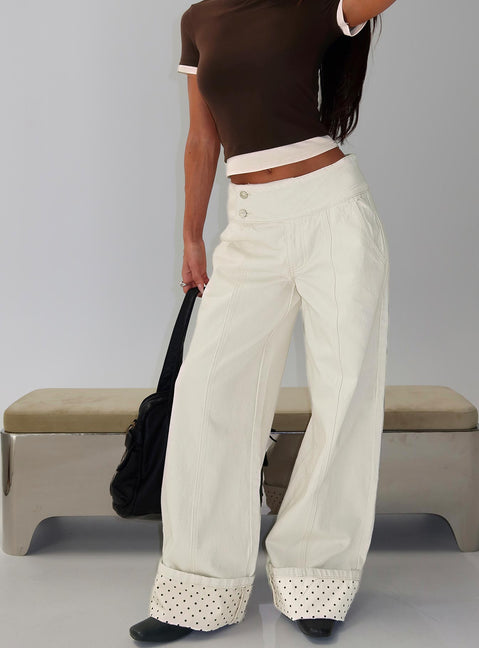 back view of model wearing Princess Polly Nikoletta Foldover Jeans Cream / Polka Mid Rise Jeans Jeans 
