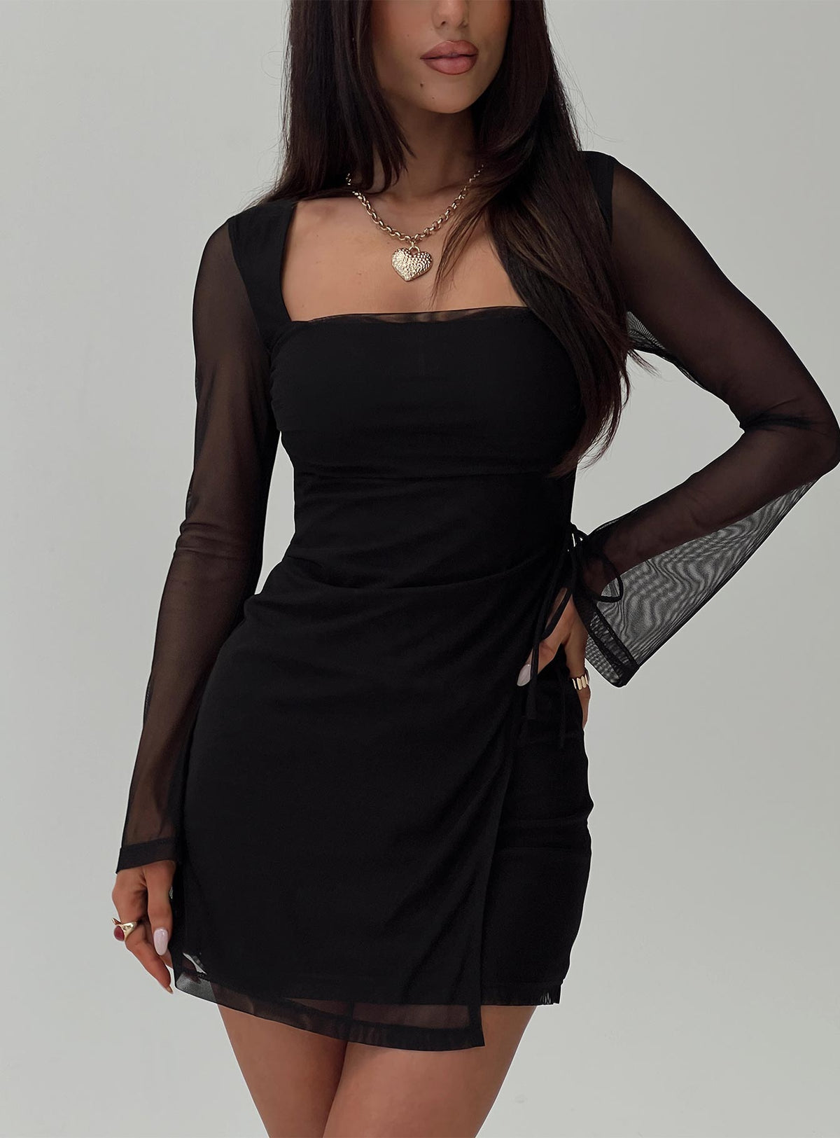 front view of model wearing Princess Polly Martinez Long Sleeve Mini Dress Black Square Neck 