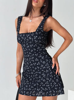 front view of model wearing Princess Polly Dasha Mini Dress Navy Floral Square Neck 