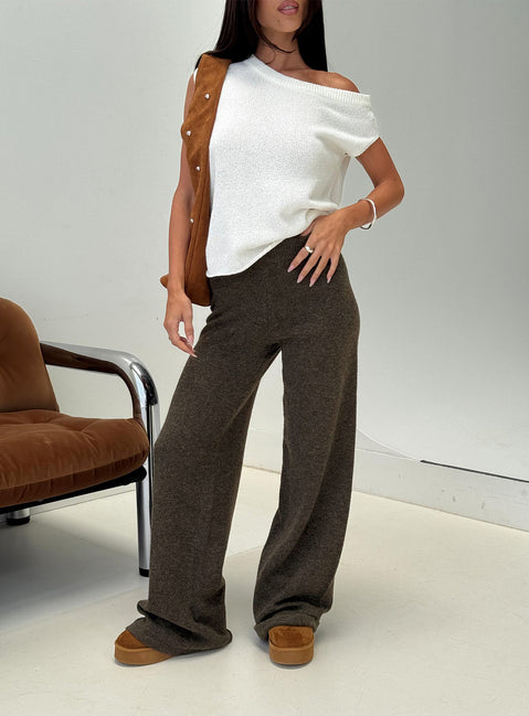 front view of model wearing Princess Polly Karee Knit Pants Brown High Rise Pants Pants 