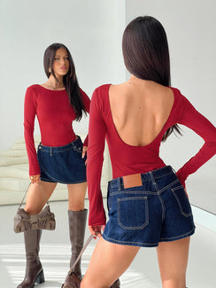 back view of model wearing Princess Polly Beresford Long Sleeve Bodysuit Wine Long Sleeve Tops Bodysuit 