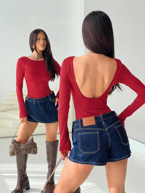 back view of model wearing Princess Polly Beresford Long Sleeve Bodysuit Wine Long Sleeve Tops Bodysuit 
