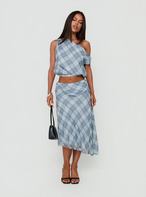 Discover the Sabbine Asymmetrical Midi Skirt Blue Check in womens-skirts with midi length front view of model wearing Princess Polly