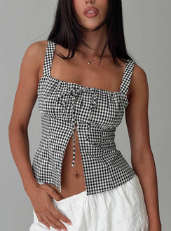 front view of model wearing Princess Polly Modern Girl Top Black Gingham Sleeveless Square Neck 