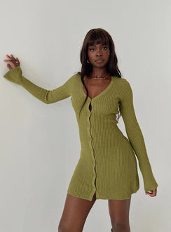 front view of model wearing Princess Polly Waldin Long Sleeve Mini Dress Olive V-Neck 