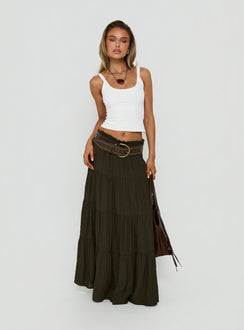 Showcasing the Mya Maxi Skirt Chocolate in womens-skirts with relaxed fit and layered details front view of model wearing Princess Polly