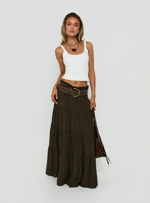 Showcasing the Mya Maxi Skirt Chocolate in womens-skirts with relaxed fit and layered details front view of model wearing Princess Polly