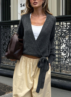 Showcasing the Daelan Wrap Knit Cardigan Charcoal womens jumpers in short length front view of model wearing Princess Polly