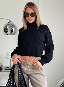 side view of model wearing Princess Polly Sayge Mock Neck Knit Sweater Black cropped Jumpers 