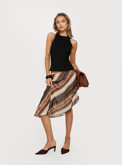 Discover the Esmira Asymmetrical Midi Skirt Brown Stripe Tall in womens-skirts with midi length front view of model wearing