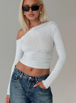 front view of model wearing Princess Polly Beller Long Sleeve Top Grey Full Sleeves Asymmetric Neckline 