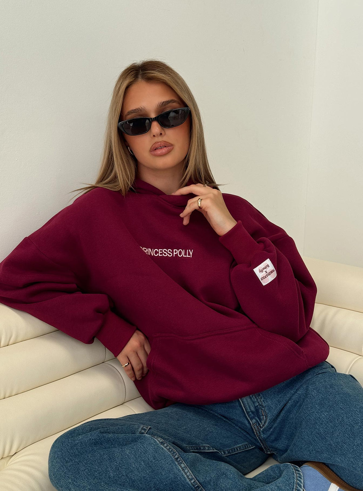 front view of model wearing Princess Polly Princess Polly x Butterfly Foundation Charity Merch Hoody Wine Longline Jumpers Jumpers 
