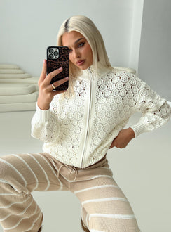 front view of model wearing Princess Polly Sirena Zip Through Knit Sweater Cream Jumpers 