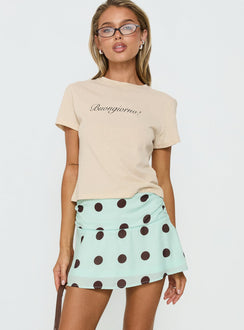   front view of model wearing Princess Polly Elicia Ruched Mini Skirt Mint / Chocolate Polka Dot Mini Skirts Skirts 