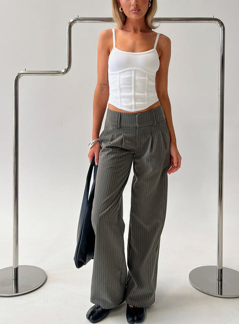 Experience the Two Lovers Low Rise Pants Grey Pinstripe in womens-regular-pants front view of model wearing Princess Polly