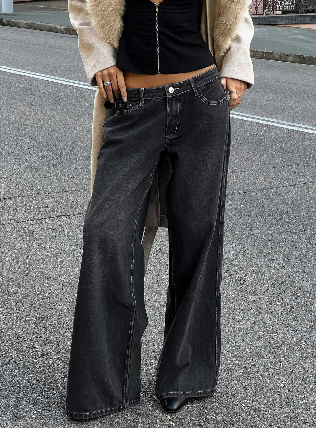 Ramos Low Rise Wide Leg Denim Jeans Dark Grey Wash