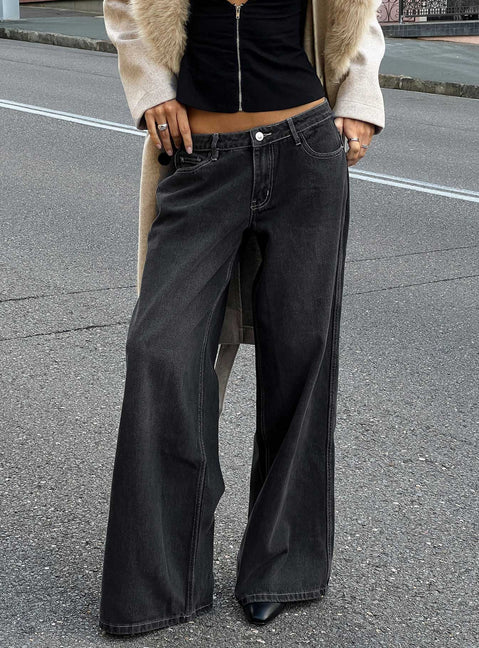 Ramos Low Rise Wide Leg Denim Jeans Dark Grey Wash