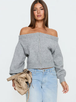 front view of model wearing Princess Polly Ortensa Off Shoulder Zip Through Jumper Grey Marle Cropped Jumpers Jumpers 