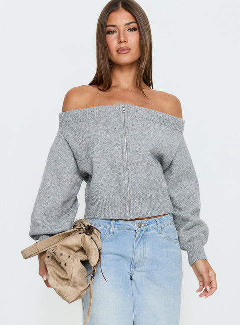 front view of model wearing Princess Polly Ortensa Off Shoulder Zip Through Jumper Grey Marle Cropped Jumpers Jumpers 
