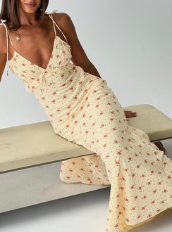 Morcar Frill V Neck Maxi Dress Yellow Floral
