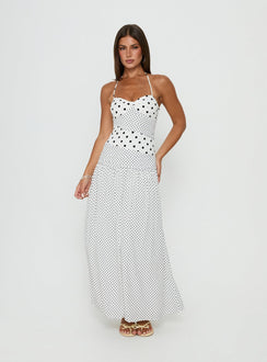 Marguerite Halter Maxi Dress White Polka Dot
