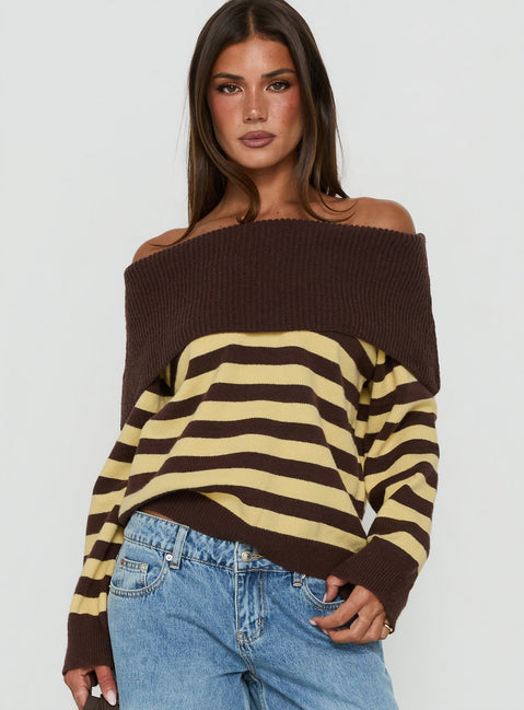 Next Page Foldover Long Sleeve Knit Sweater Brown / Yellow Stripe