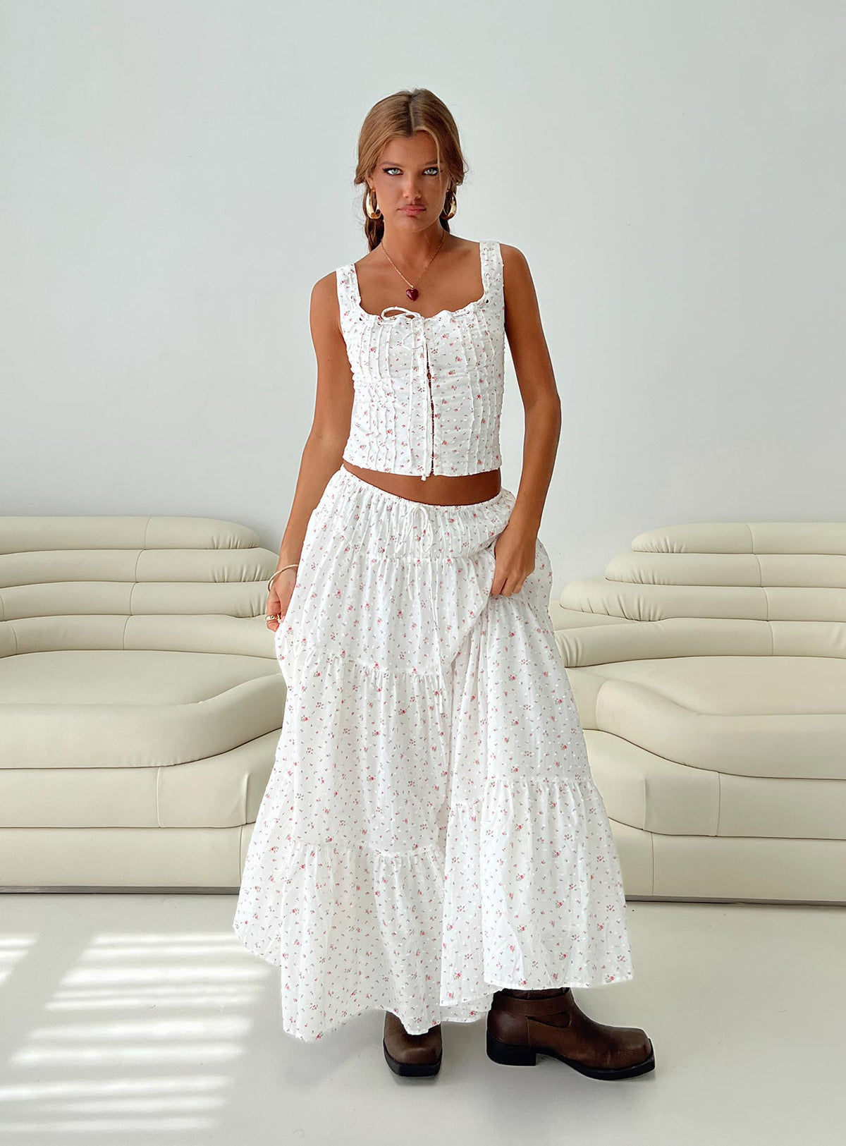   front view of model wearing Princess Polly Cherry On Top Maxi Skirt White Floral Midi Skirts Skirts 