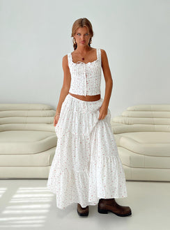   front view of model wearing Princess Polly Cherry On Top Maxi Skirt White Floral Midi Skirts Skirts 
