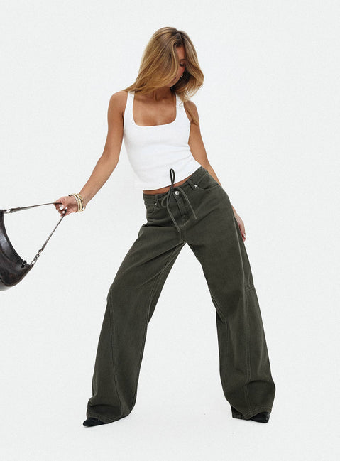 back view of model wearing Princess Polly Bruiser Tie Waist Mid Rise Wide Leg Jeans Green High Rise Jeans Jeans 