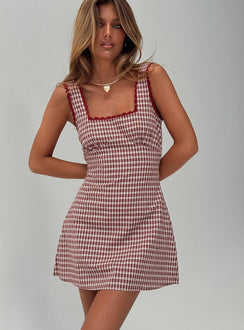 front view of model wearing Princess Polly Dasha Mini Dress Red Check Petite Square Neck 
