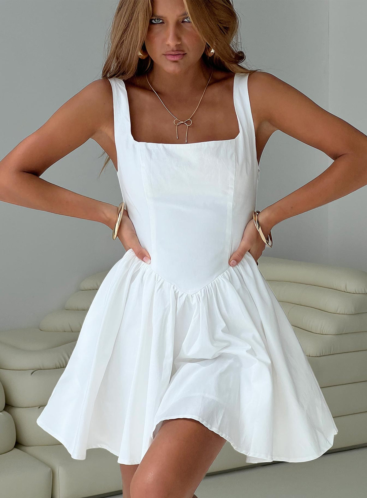front view of model wearing Princess Polly Straplie Mini Dress White Square Neck 